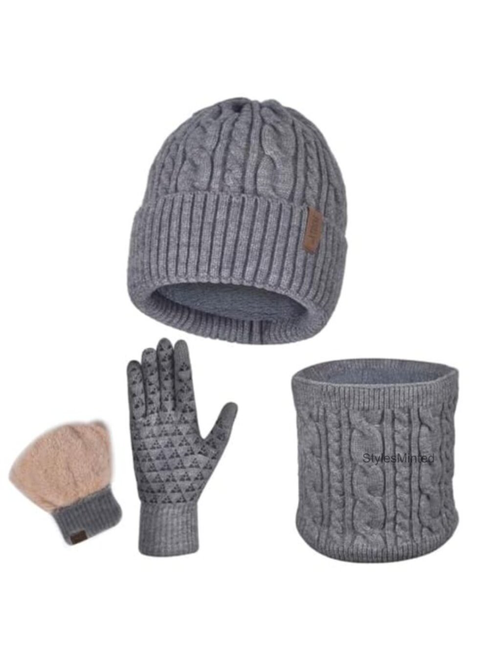 Fleece Lined Beanie Hat Touchscreen Gloves Scarf Set Winter Warm 3 Piece